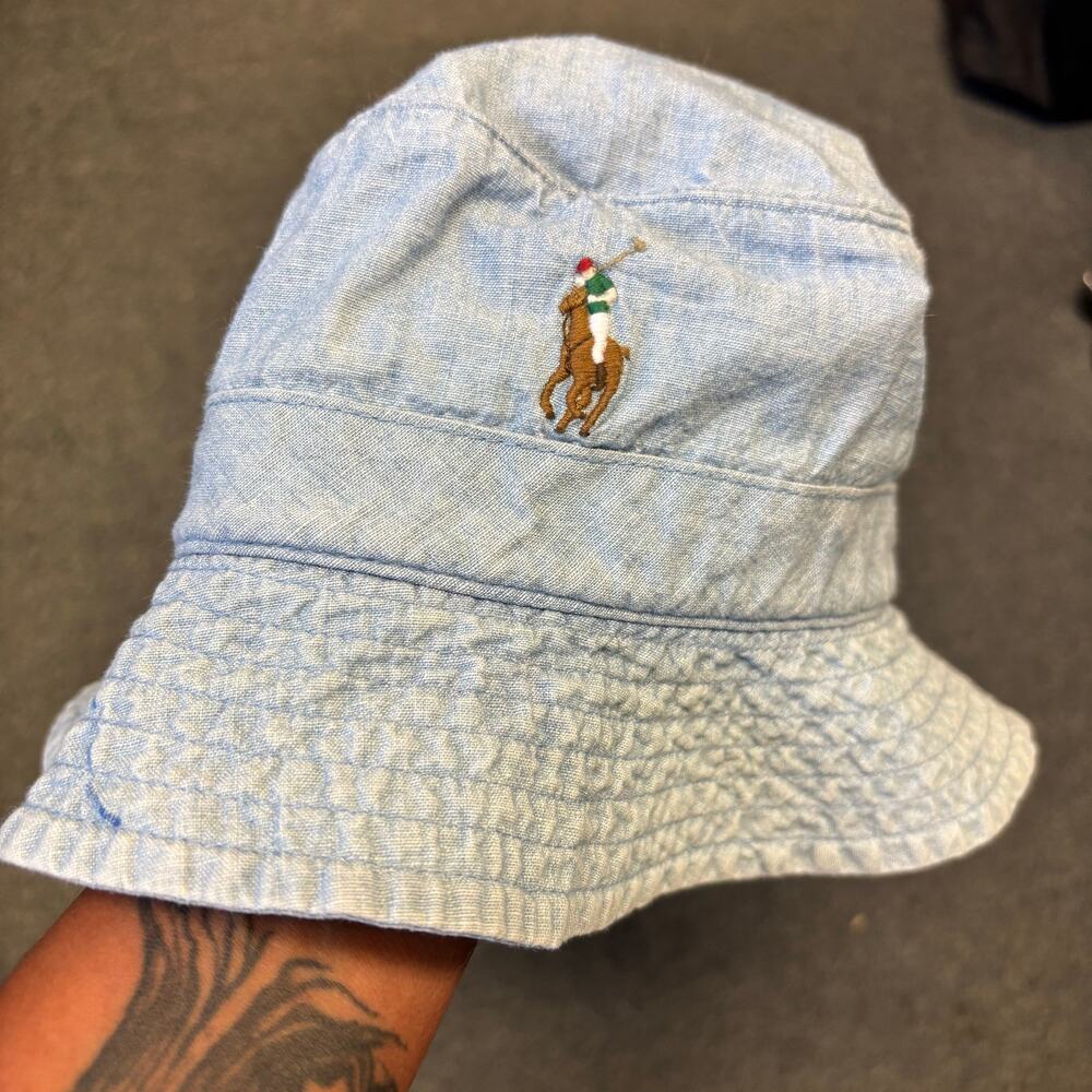Polo Ralph Lauren Bucket Hat S/M Blue Chambray Flesh Pony Logo Cotton Preppy